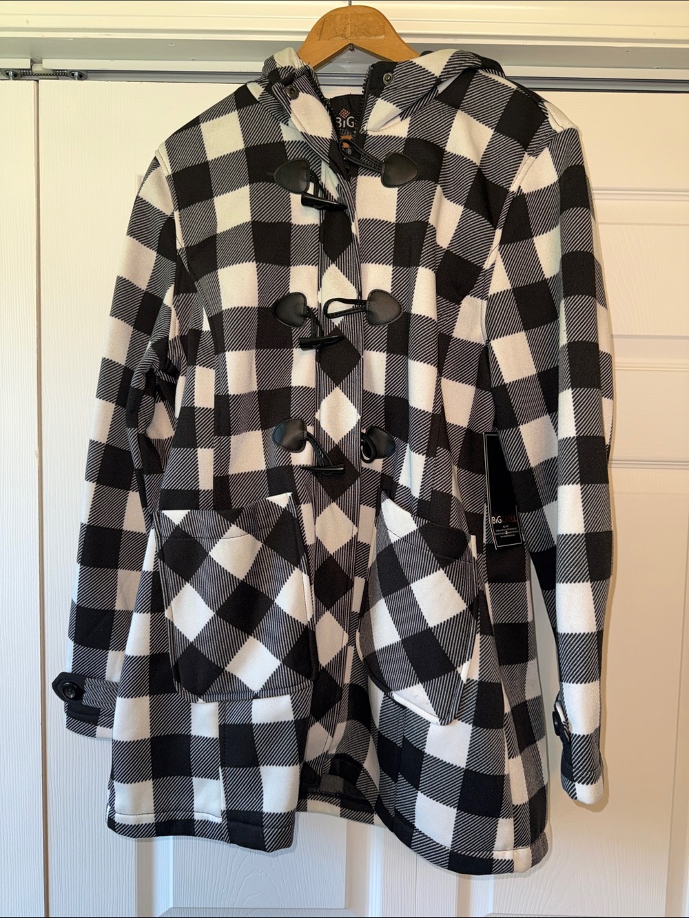 Big Chill Black & White Buffalo Plaid Hooded Toggle Pea Coat